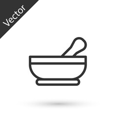 Grey line Mortar and pestle icon isolated on white background. Vector.