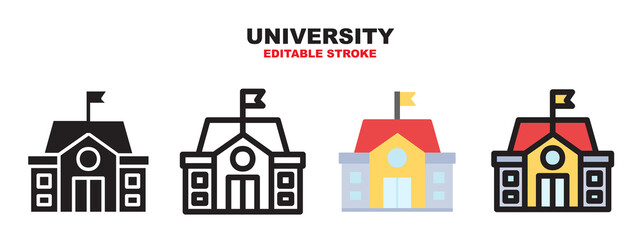 University icon set with different styles. Editable Stroke and pixel perfect.