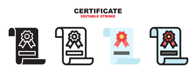 Certificate icon set with different styles. Editable Stroke and pixel perfect.