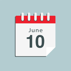 Icon day date 10 June, template calendar page