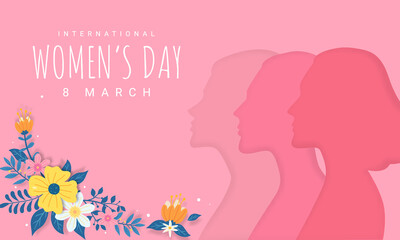 Fototapeta na wymiar Happy Women Day greeting card illustration. 3D papercut diverse woman silhouette with floral decoration. International women's event 8th march.