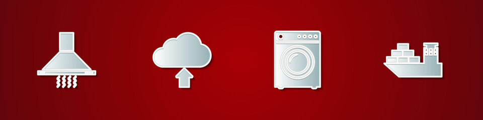 Set Kitchen extractor fan, Cloud upload, Washer and Cargo ship icon. Vector.