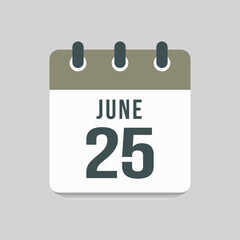 Icon day date 25 June, template calendar page