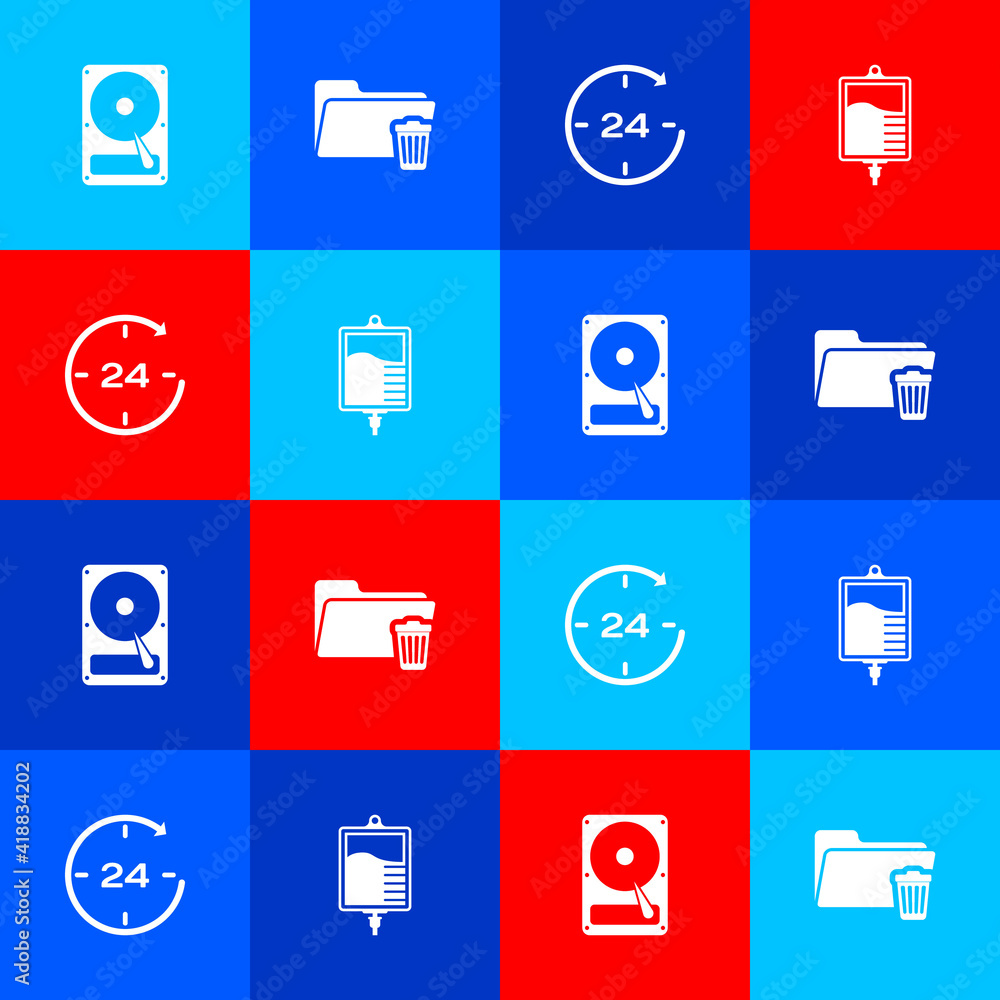 Poster set hard disk drive hdd, delete folder, clock 24 hours and iv bag icon. vector.
