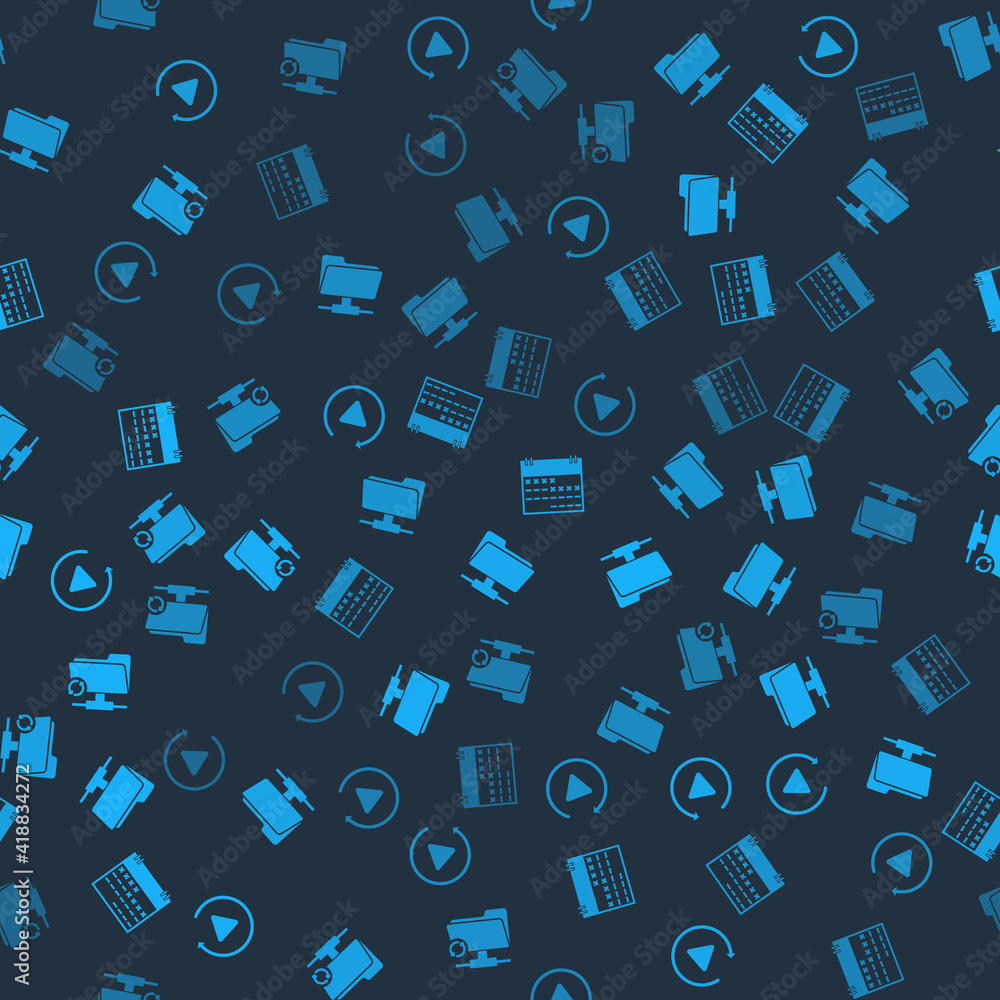 Poster set video play button, ftp folder, calendar and sync refresh on seamless pattern. vector.