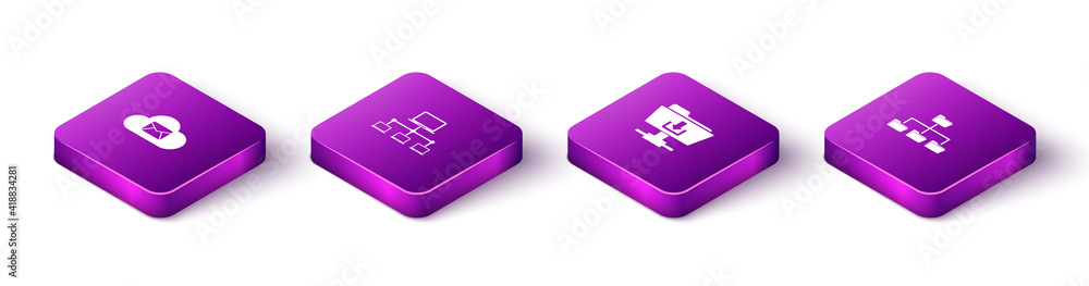 Poster set isometric cloud mail server, computer network, ftp folder download and folder tree icon. vector.