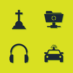 Set Tombstone with cross, Police car and flasher, Headphones and FTP sync refresh icon. Vector.