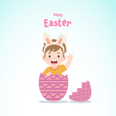 A boy wearing rabbit ears emerged from a merrily decorated purple egg, Easter egg, illustration vector, kids concept