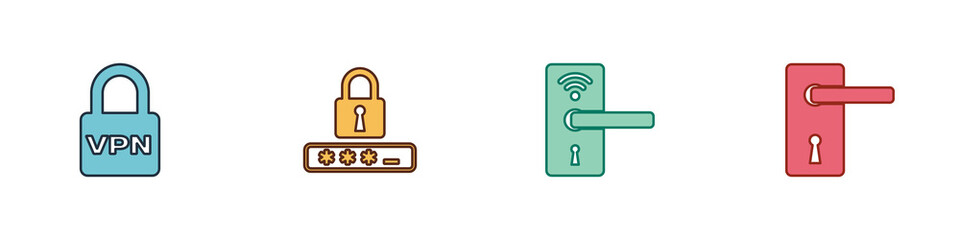 Set Lock VPN, Password protection, Digital door lock with wireless and Door handle icon. Vector.