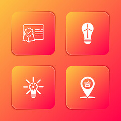 Set Certificate template, Light bulb with wind turbine, gear and Location shopping basket icon. Vector.