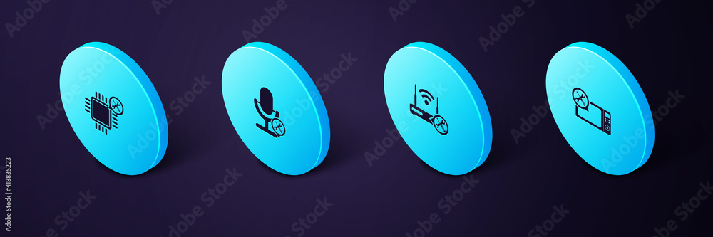 Poster set isometric microwave oven service, router wi-fi with, microphone and processor icon. vector.