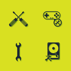 Set Crossed screwdrivers, Hard disk service, Wrench and Gamepad icon. Vector.