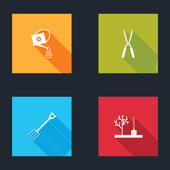 Set Watering can, Gardening handmade scissor, pitchfork and Planting tree the ground icon. Vector.