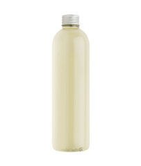 Transparent plastic tall thin bottle with pale fresh drink or cosmetic essential oil, silver cap mockup, isolated.