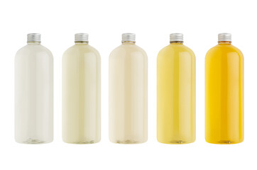 Assortment of plastic tall bottles with cosmetic produce, oil, beverage or perfume of different pastel pale colors, silver cap mockup, isolated,  template.