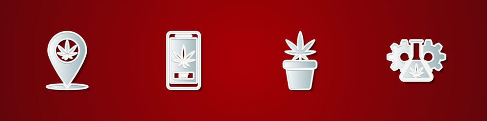 Set Location and marijuana, Online buying, Marijuana plant pot and Test tube with icon. Vector.