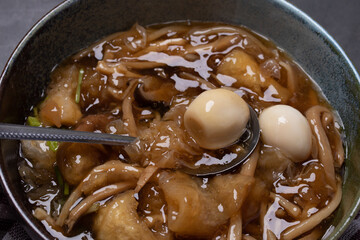Braised Fish Maw in Red Gravy with eggs, mushroom ingredients, Chinese style soup
