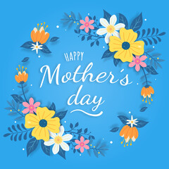 Happy mother's day greeting card design with flower and typography letter on blue background. celebration illustration template for banner, flyer, invitation, brochure, poster.