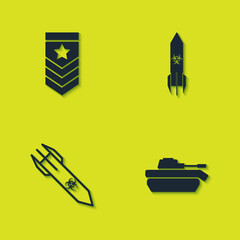 Set Chevron, Military tank, Biohazard rocket and icon. Vector.