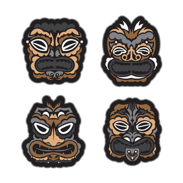 Polynesia and Maori masks set. Hawaiian style faces. Isolated, vector.