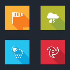 Set Cone windsock wind vane, Cloud with rain and lightning, snow, rain, sun and Tornado icon. Vector.