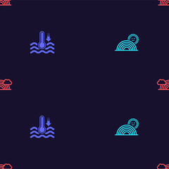 Set Rainbow with sun, Water thermometer, and clouds on seamless pattern. Vector.