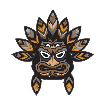 A face with feathers in the Polynesian style. Maori or samoa tattoo. Good for prints. Exclusive corporate identity. Isolated, vector illustration.