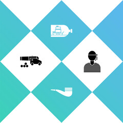 Set Cannon with cannonballs, Smoking pipe, Bottle ship inside and Sailor captain icon. Vector.