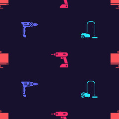 Set Vacuum cleaner, Electric drill machine, cordless screwdriver and Computer monitor on seamless pattern. Vector.