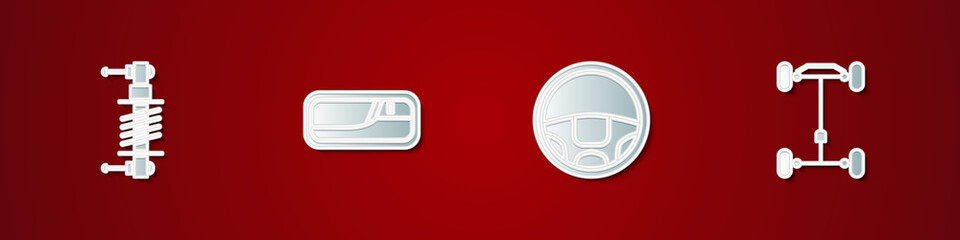 Set Shock absorber, Car door handle, Steering wheel and Chassis car icon. Vector.