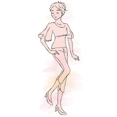 手描き_女性イラスト_全身_アップ_おしゃれ__春_夏_アクティブ_パステル hand drawn beauty women illust image stand up style pastel color whole body