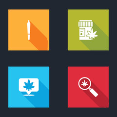 Set Marijuana joint, Medical bottle with marijuana, Location and cannabis and Magnifying glass icon. Vector.