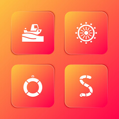 Set Fishing boat on water, Ship steering wheel, Lifebuoy and Worm icon. Vector.
