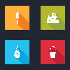 Set Knife, Fishing boat on water, spoon and bucket icon. Vector.