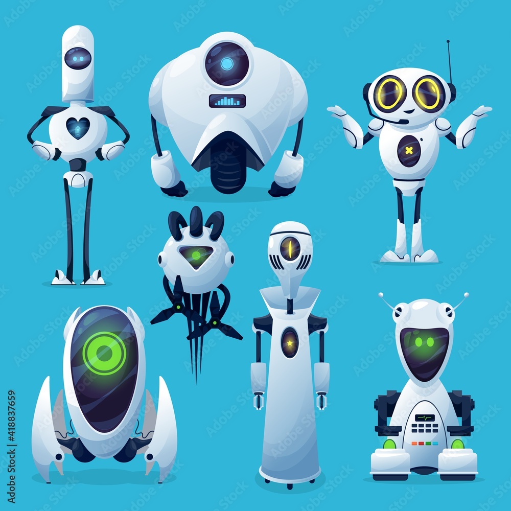 Poster future robots, alien robotic life or androids characters. futuristic machines with artificial intell