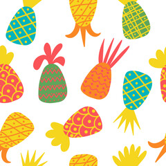 Seamless vector pattern with bright pineapples on a white background. Illustration in a flat style hand-drawn