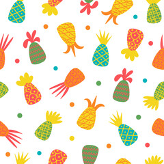 Seamless vector pattern with colorful pineapples. Bright fruits on a white background in a flat style