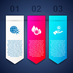 Set Earth globe with virus, Blood test and and Hand. Business infographic template. Vector.