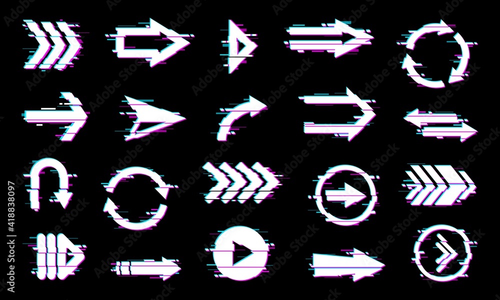 Poster Arrows pointers icons, web navigation design elements with glitch effect. Play button, circle arrows and cursors with display malfunction, signal loss or glitched screen digital noise vector