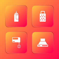 Set Sauce bottle, Grater, Electric mixer and Kitchen extractor fan icon. Vector.