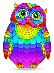 A stained glass illustration with a cute cartoon rainbow owl, a bird isolated on a white background