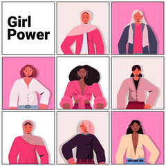 set mix race girls avatars female empowerment movement women's power union of feminists concept portrait vector illustration