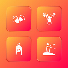Set Acorn, Moose head with horns, Winter hat and Lighthouse icon. Vector.