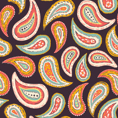 Hand-Drawn Artistic Colorful Paisley Vector Seamless Pattern. Boho Traditional Ethnic Fashion Shawl Print. Painterly Doodle Folk Foulard Texture Background