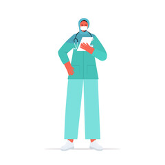 arab female doctor in uniform wearing mask to prevent coronavirus pandemic labor day celebration concept full length isolated vector illustration