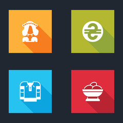 Set Ukrainian woman, hryvnia, Embroidered shirt and Varenyky bowl icon. Vector.