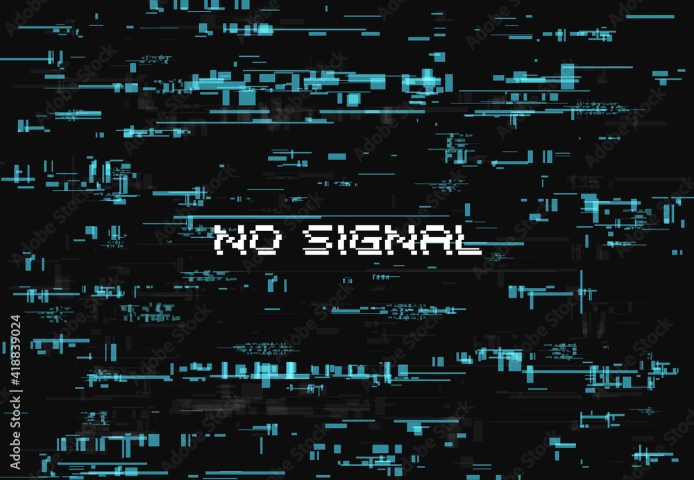 Aufkleber Glitch effect for no signal screen page. Abstract vector background with blue glitched random elements on black backdrop. Vintage poster with digital noise distortion, messy and noisy pixels pattern