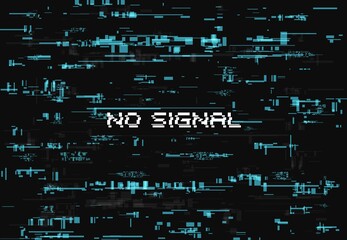 Glitch effect for no signal screen page. Abstract vector background with blue glitched random elements on black backdrop. Vintage poster with digital noise distortion, messy and noisy pixels pattern