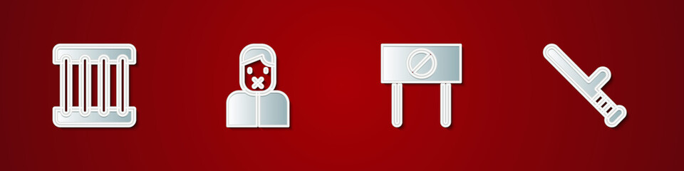 Set Prison window, Censor and freedom of speech, Protest and Police rubber baton icon. Vector.