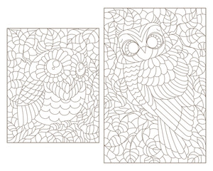 Set of contour illustrations of stained glass Windows with cute cartoon owls on tree branches, dark outlines on a white background, rectangular image